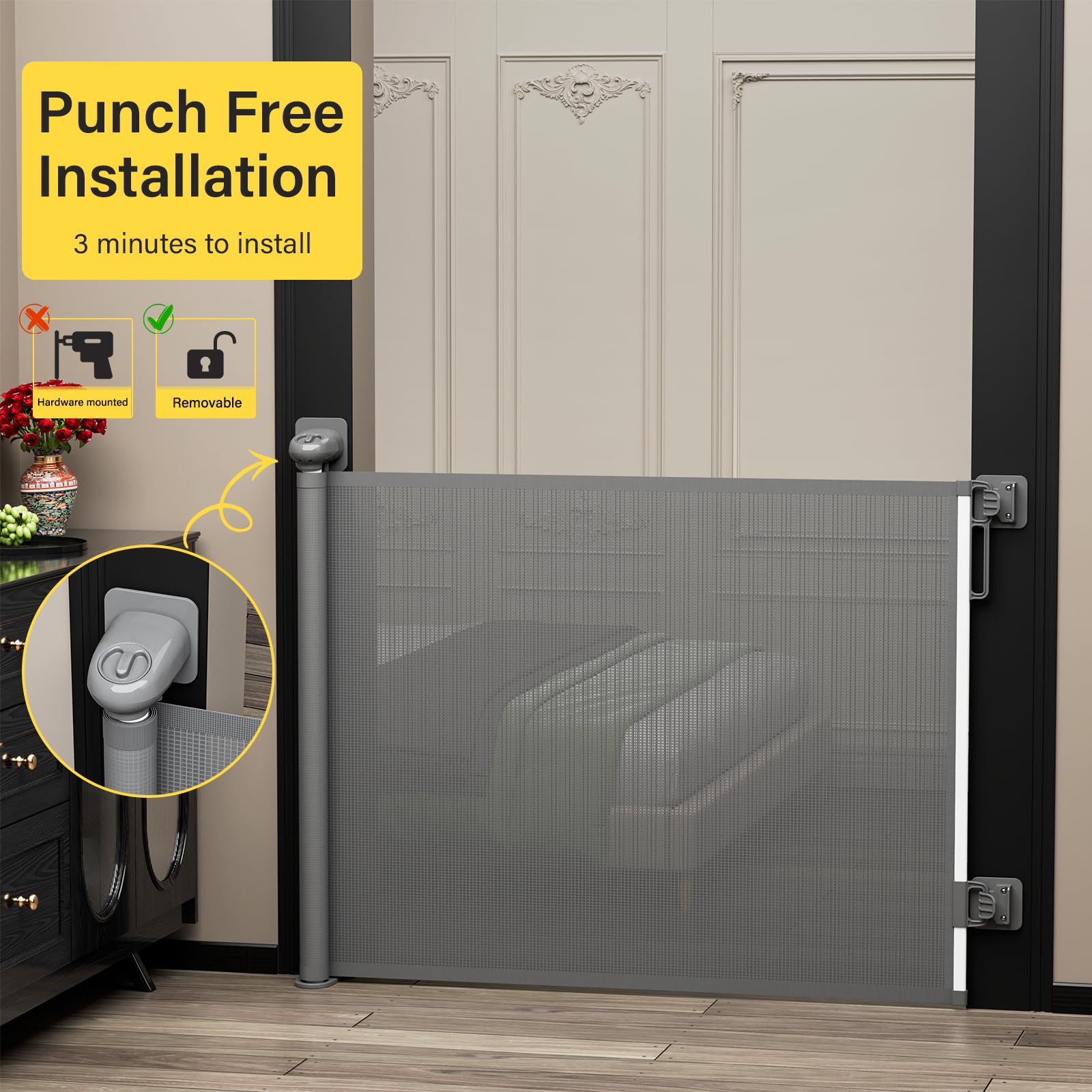 Babepai Baby Gate for Stairs No Drill, Punch Free Retractable Baby Gates Extends to 54