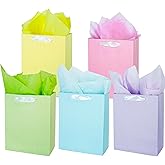 MOXARYSU 5 Pcs Medium Gift Bags With Handles: 7x4x9 Pastel Kraft Paper Bags With 10 Tissues For Party, Birthday,Baby Shower,Wedding（Soft Color）