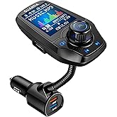 Bluetooth FM Transmitter for Car, 1.8" Display, AUX In/Out, 18W Fast Charge | Bluetooth 5.3, AUX in/out, USB drive and TF card playback, 5 EQ modes, hands-free calls and dual USB charging.