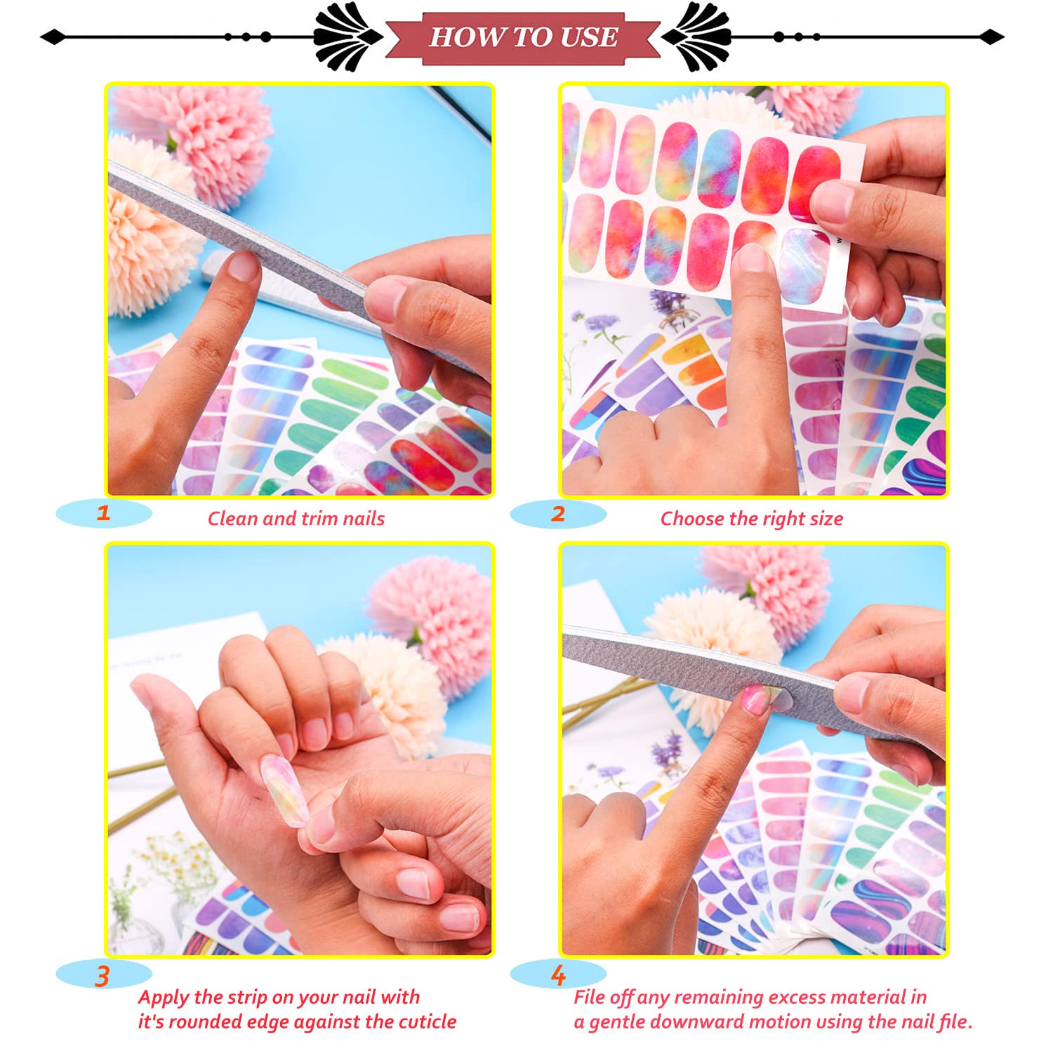 JERCLITY 336 Pieces 24 Sheets Women's Full Wrap Marble Nail Polish Strips Stickers Self-Adhesive Solid Color Gel Nail Strips Decals with Nail File for Women Girls Nail Decorations (Fresh Style) - Image 7