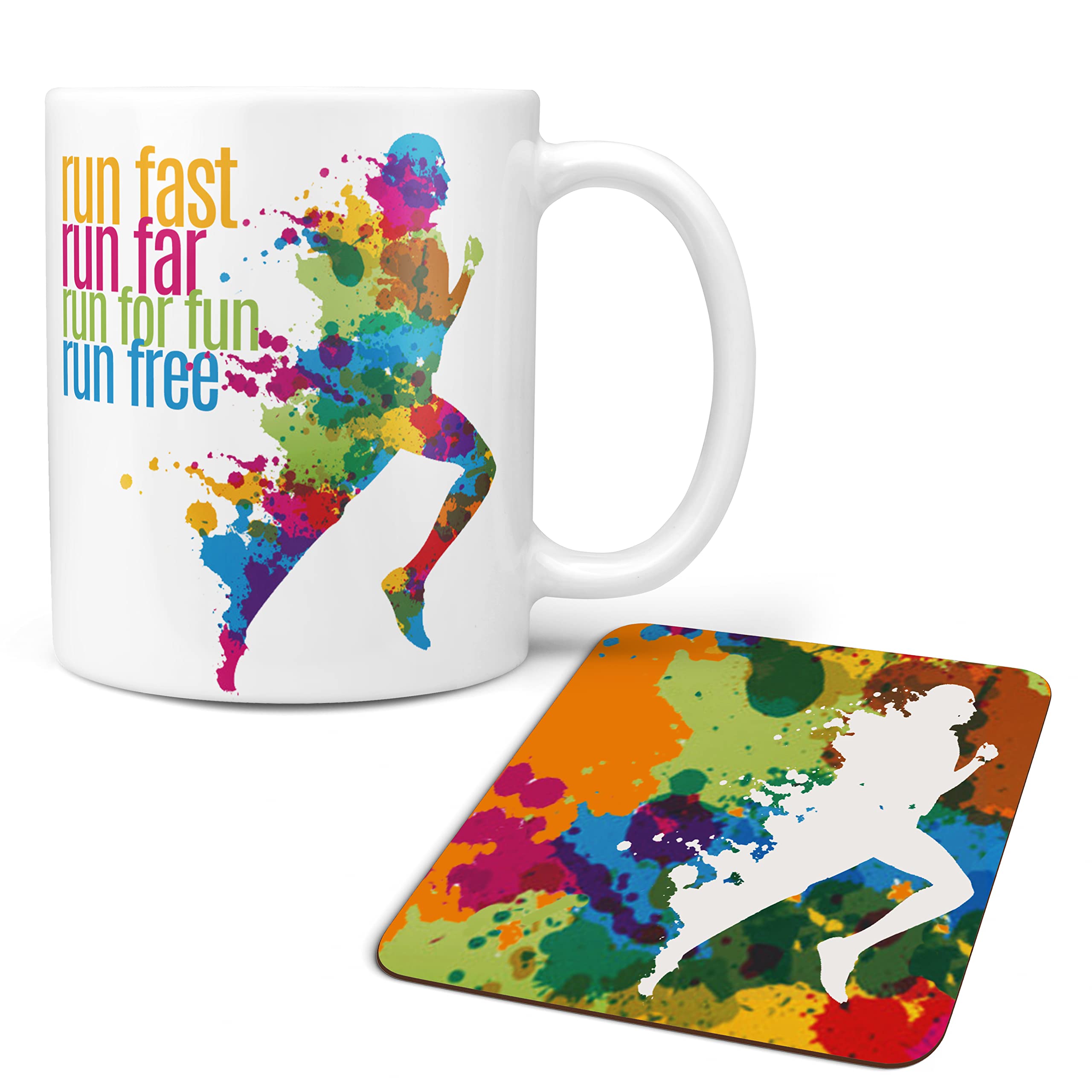'Run Free' Running Motivation Gift Mug - Includes Free Coaster - Present for Runner, Run Friend, Office Athlete - Features 'Pride' Rainbow Colourful Design