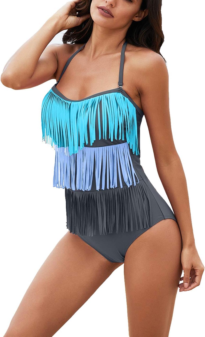 Eternatastic Women's Summer Halter One Piece Swimsuits Fringe Bathing Suit Tassel Monokini Swimwear