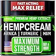 Hemp Cream Maximum Strength - Soothing Relief for Back, Neck, Feet & Nerves, Hands, Muscle and Joint Support - All-Natural Formula - Hemp Oil Gel Rub with MSM - Glucosamine, Turmeric, Arnica - 4 FL OZ