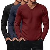Ficerd 3 Pack Men's Waffle Thermal Long Sleeve Shirts V Neck Underwear Tops Casual Knit Undershirts Pullover Sweaters