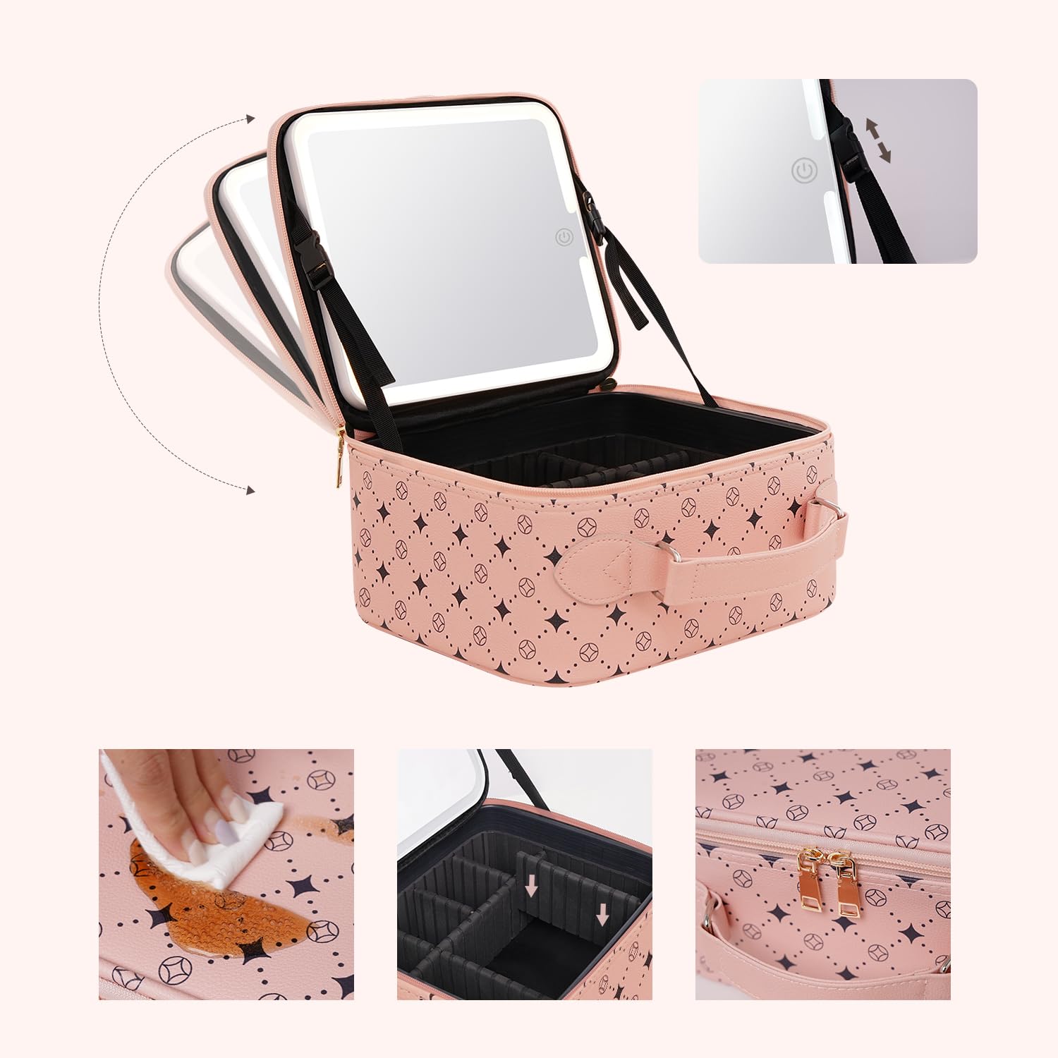 Travel Makeup Bag With 360° rotating LED Mirror,Waterproof cosmetic organizer,Portability Cosmetic case,Makeup organizer,Gift for Women,Girls Gift (Pink)