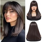 XCHJH Short Brown Straight Wig with Bangs 16inch Bob Wigs for Women Heat Resistant Fiber Synthetic Hair Natural Looking for Daily Party Use(Brown)