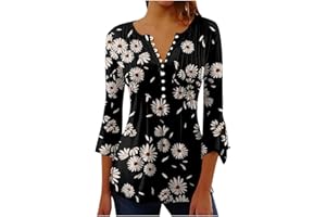 DOUBLELIFT Womens Summer Tops 2023 3/4 Sleeve Graphic Tees for Women Vintage Blouses for Women Floral Print Womens Shirts