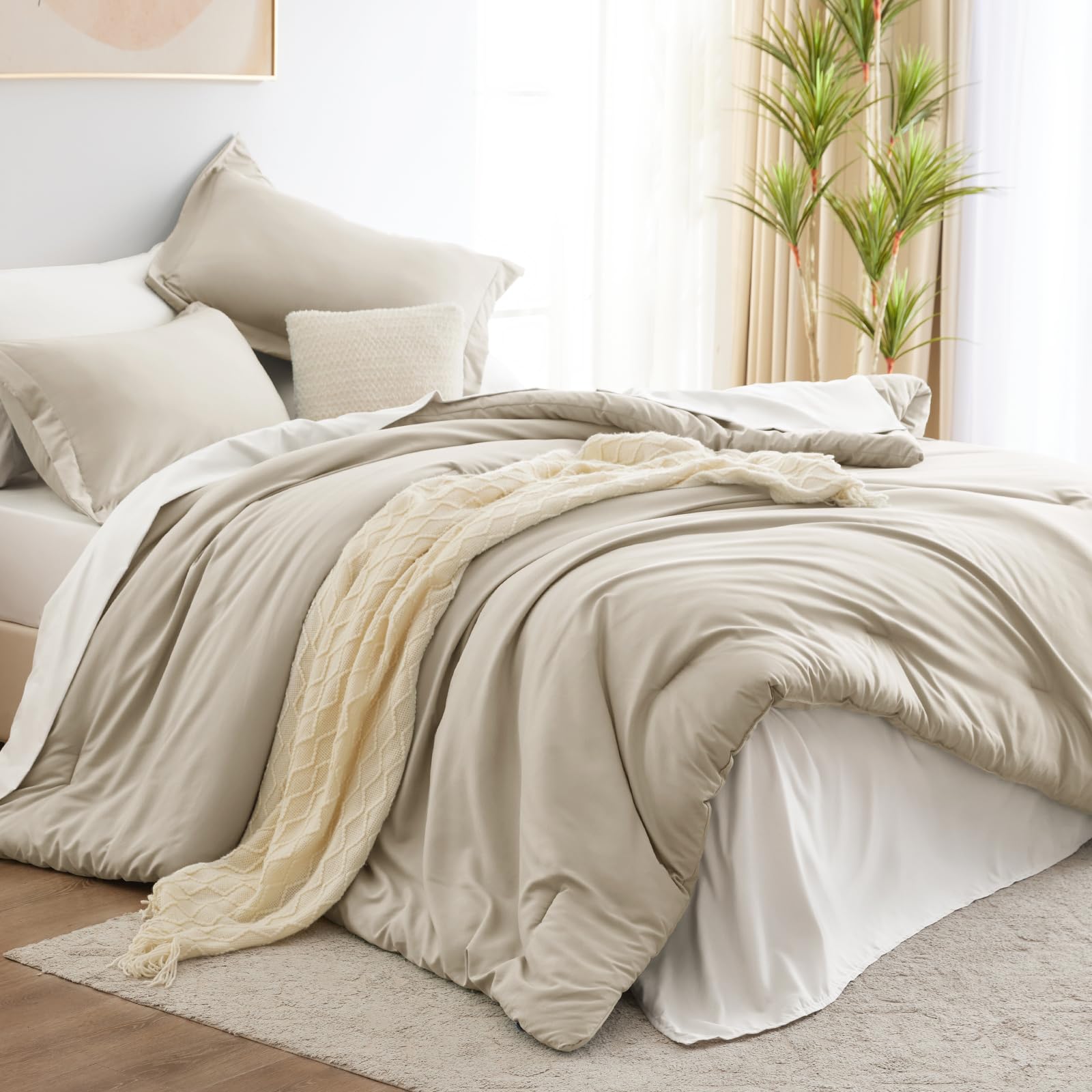 Photo 1 of CozyLux Beige Comforter Set - 7 Piece King Bedding Set with Comforter, Flat Sheets, Fitted Sheet, Pillowcases & Shams - Boho Bed in a Bag for All Season - Beige and White