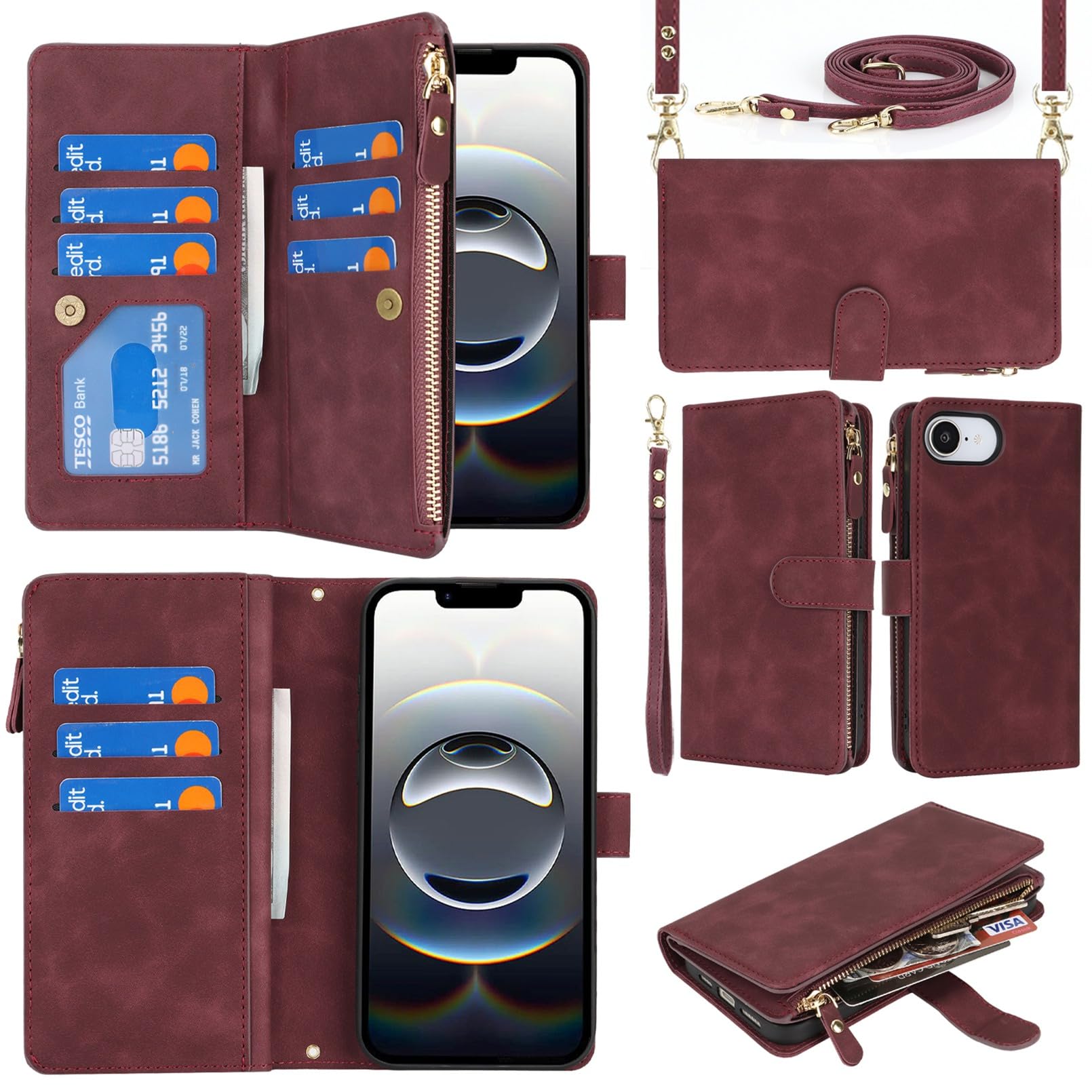 Jaorty Fit for iPhone 16e/17e Phone Case Wallet for Women with Strap,Crossbody Shoulder Lanyard Wallet Case for iPhone 16e with Card Holder,Zipper Pocket PU Leather Phone Case,6.1" Burgundy