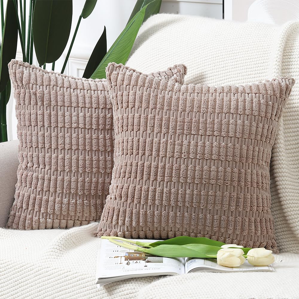 MADIZZ Pack of 2 Boho Striped Corduroy Throw Pillow Covers 16x16 inch, 40x40 cm, Brown Soft Decorative Cushion Cover for Sofa Bedroom Pillow Shell — image 1