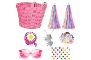 Suerico Kids Handlebar Bicycle Basket for Girls With Unicorn Necklace, Bell, Streamers, Wheel Bead, Sunglasses, Stickers - Bike Decoration Accessories Set