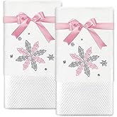 JarThenaAMCS 2Pcs Christmas Hand Towels Pink Silver Snowflake Embroidered Cotton Towels Winter Xmas Dish Towels with Ribbon for Kitchen Bathroom Drying Cleaning Gift, 29.5 x 13.7 Inch