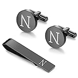 LOYALLOOK Black Initial N Cufflinks and Tie Clip