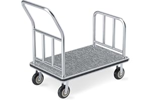 YORKGARGEN Hotel Luggage Cart, 900LBS Load Capacity Bellman's Cart with 8" Wheels, Brushed Stainless Steel Commercial Grade Hotel Luggage Trolley with Grey Carpeted Deck for Hotels (42''L x 25''W x 38''H)