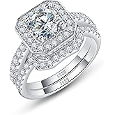 WES 1CT Cushion Cut Stackable Moissanite Bridal Ring Sets - 925 Sterling Silver Hypoallergenic Halo Square Solitaire Moissanite Engagement Ring Wedding Ring for Women, Size 6-8