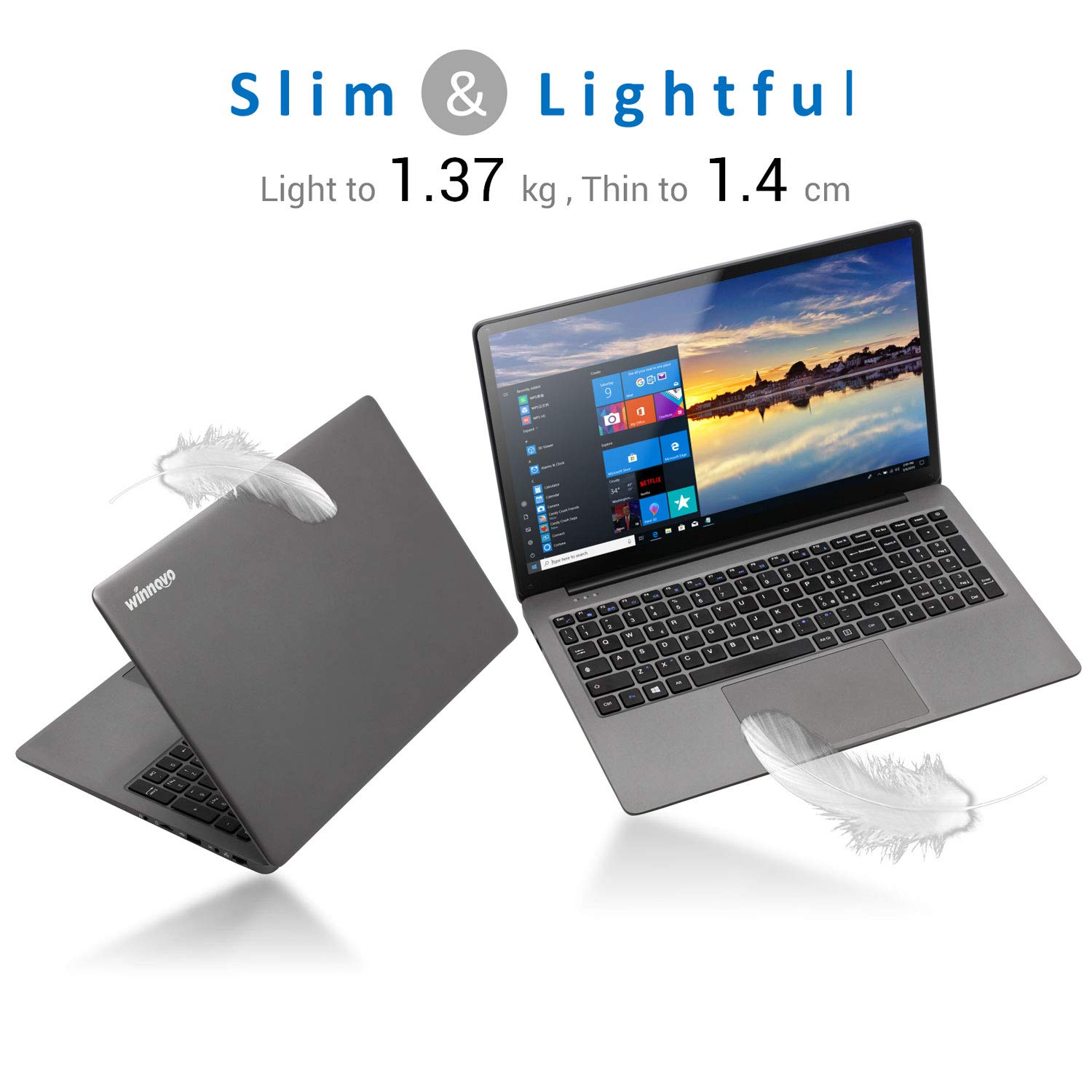 Laptop 15,6 Zoll Windows 10 Notebook - Winnovo KenBook Intel Celeron N3350, 6GB RAM + 1TB HDD, Full-HD, RJ-45, Bluetooth, USB 3.0, Micro HDMI, WLAN, 10.000MAh Akku, 64 Bit (Silber Grau)