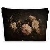 Sufamb Vintage Floral Makeup Bag, Dark Academia Floral Cosmetic Bags, Retro Moody Botanical Flower Portable Small Toiletry Bag Zipper Makeup Pouch