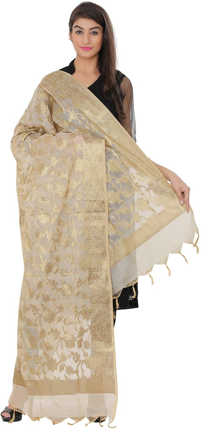 Women's Floral Cotton, Silk Dupatta (LH-5042_Gold_Free Size)