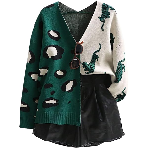 SHENHE Women's Color Block Button Down Animal Print Cardigan V