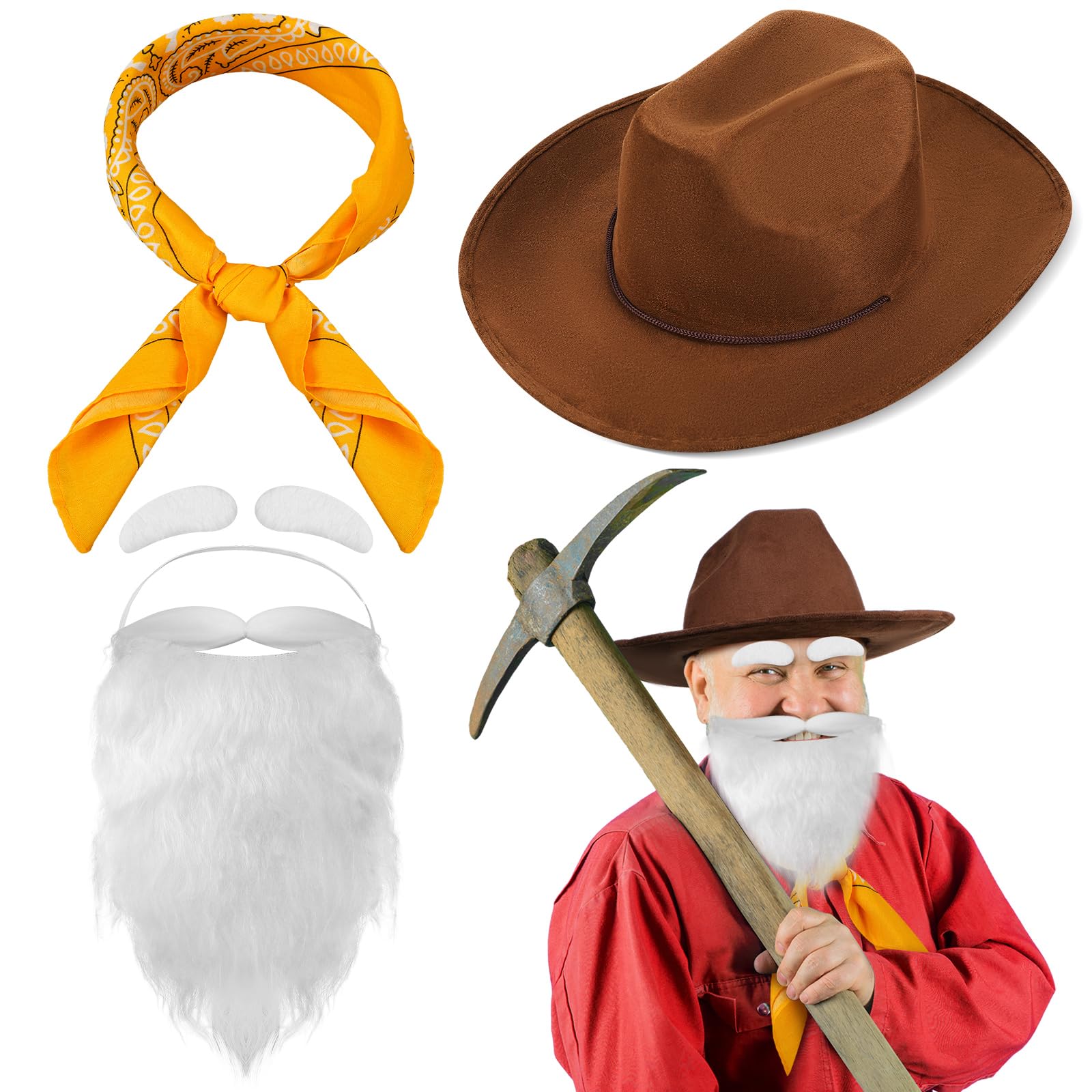 Photo 1 of Cotwinter 4 Pcs Halloween Prospector Costume Accessories Include Cowboy Costume Hat Paisley Bandana Fake Beard and Eyebrows for Adults Halloween Cosplay Party