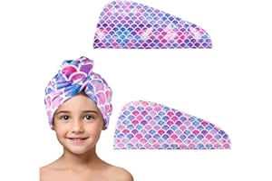 MADHOLLY Microfiber Hair Towel for Kids Gift - Soft Super Absorbent Rapid Drying Hair Towel Wrap Turban for Girls Women with Button, Anti-Frizz for Thicker Curly Long Hair, 2Pack