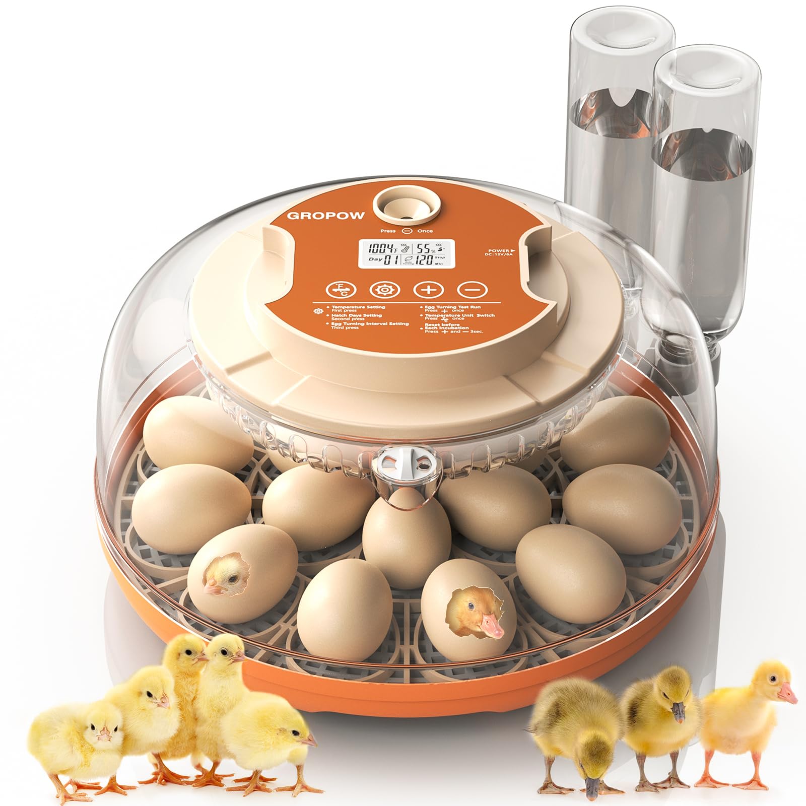 Photo 1 of GROPOW 18 Egg Incubator, Automatic Turning with Temperature & Humidity Control, Egg Candler, 360 View with Air Vent, Auto Water Bottle Refill, Chicken Incubator for Hatching Eggs
