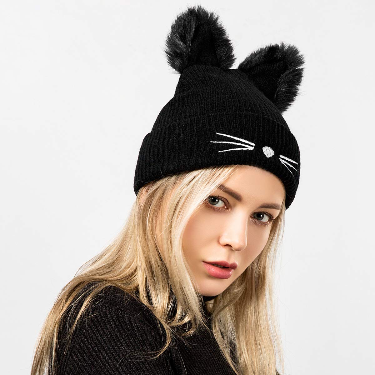 EVRFELAN Black Cat Ears Hats Embroidered Warm Knit Crochet Beanies Wool Cute Fashion Skull Cap for Women Girls in Fall Winter