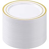 BESTSTAR 100PCS White Plastic Plates for Party, 10.25 Inch Disposable Plates with Gold Rim, Heavy Duty Dinner Plates for Party, Wedding and Birthday