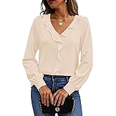 Halife Womens Dressy Casual Blouses Long Sleeve Business Tops Ruffle V Neck Trendy Work Shirts