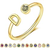 ZNBOH Gold Birthstone Initial Rings for Women Non Tarnish Dainty 14K Gold Plated Adjustable Letter Ring for Teen Girls Stackable Cute Thumb Pinky Fashion Unique Open Simple Birthday Gifts Jewelry