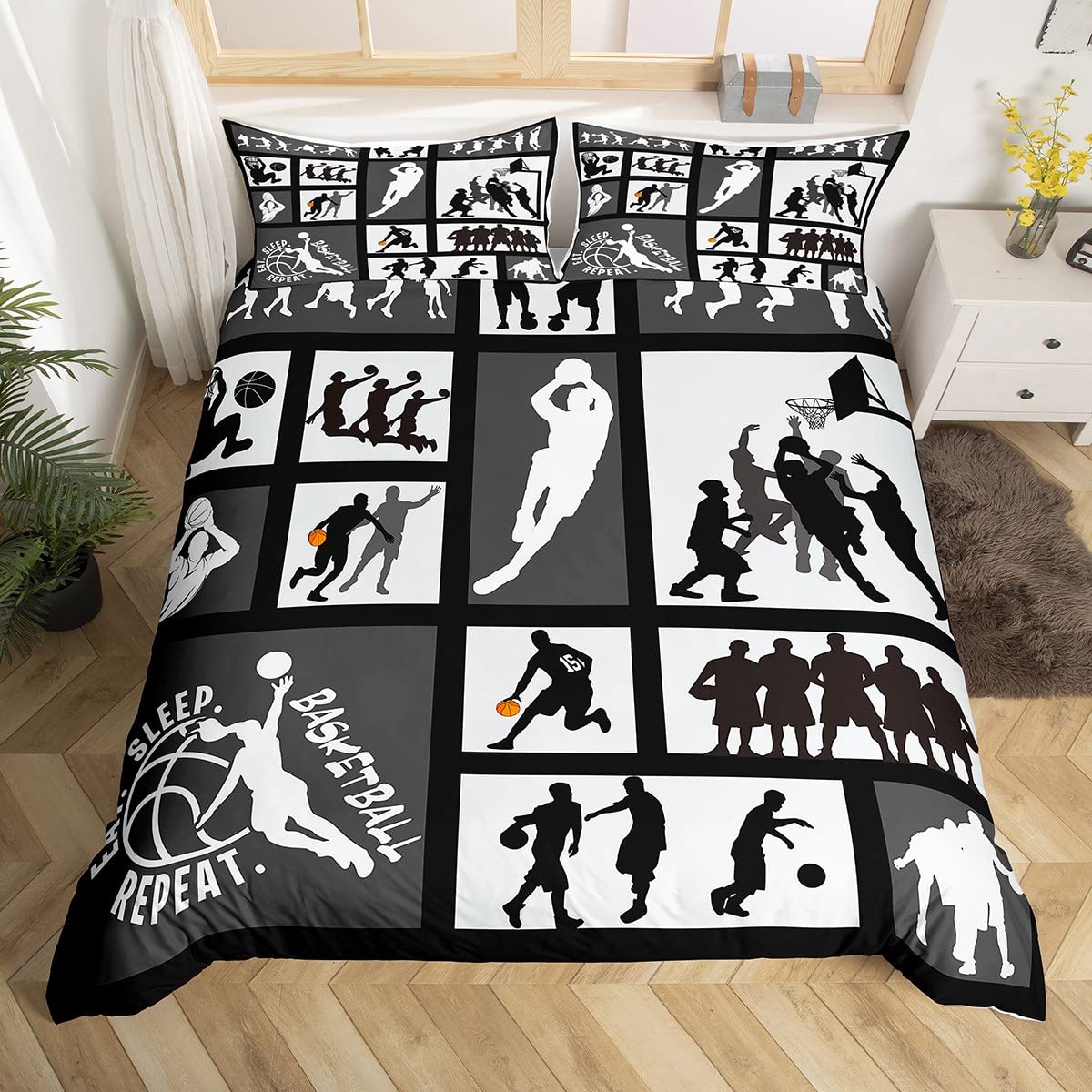 Loussiesd Boys Basketball Bedding Set Double Basketball Competition Games Kids Duvet Cover Set Teenagers Men Sports Theme Bedding Set Geometric Black Decor Bedroom Collection 3pcs