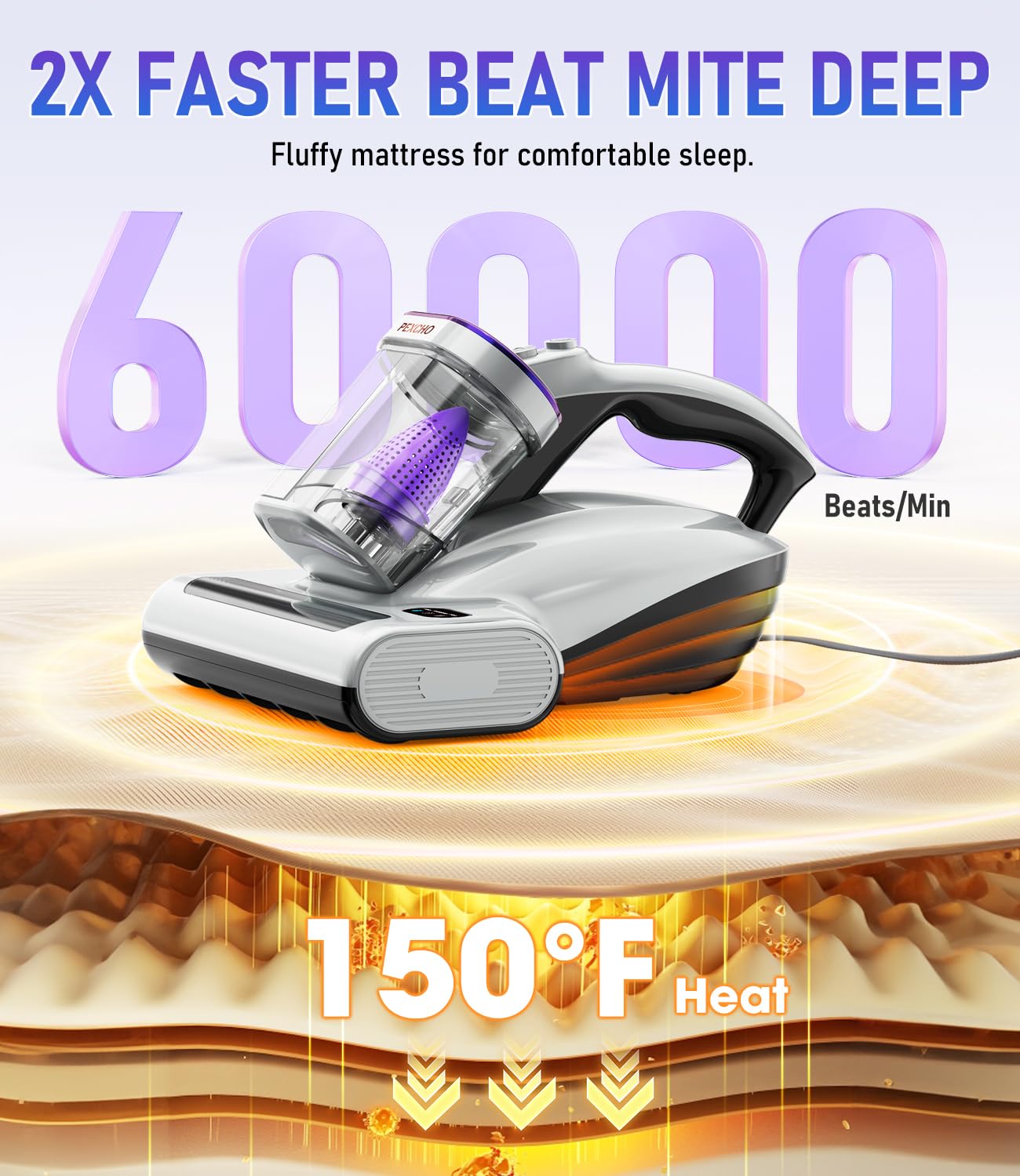 PEXCHO PM600 Mattress Vacuum Cleaner with UV-C Light,15kPa Suction 500W Powerful Handheld Vacuums with HEPA Filter,Clean Up Dust for Bed,Pet Hairs,Baby Crib,Couch,Sofa,Carpets