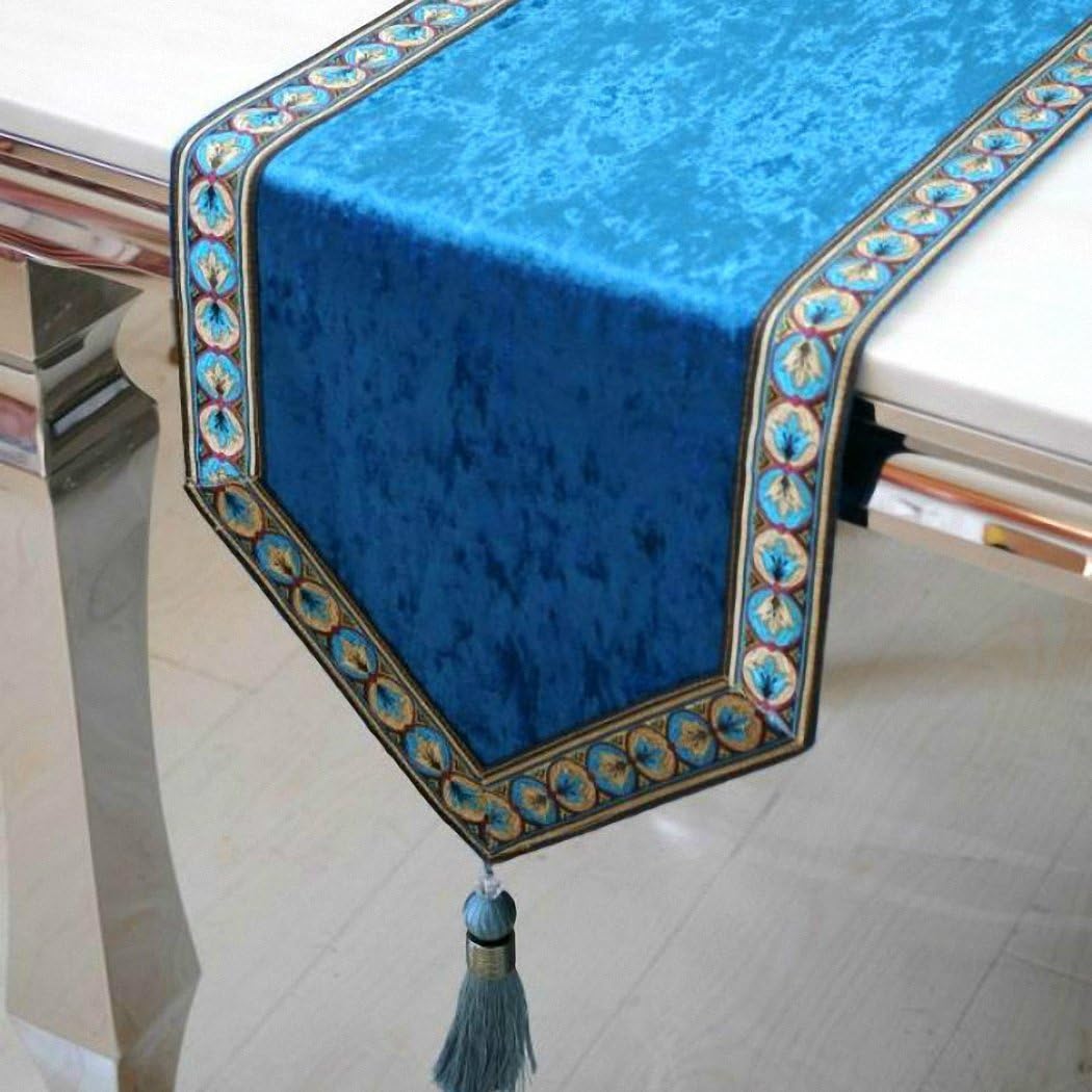 uxART Handmade Vintage Chinese Style Dining Table Runner Tassel 13'' x 110", Velvet Peacock Blue Top Home Decoration