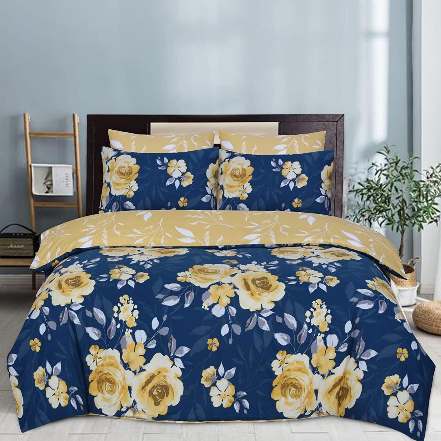 Indus Textiles Duvet Cover Set - 100% Soft Cotton Floral Pattern Reversible Duver Cover With Pillowcases - Roses Navy Mustard - Double