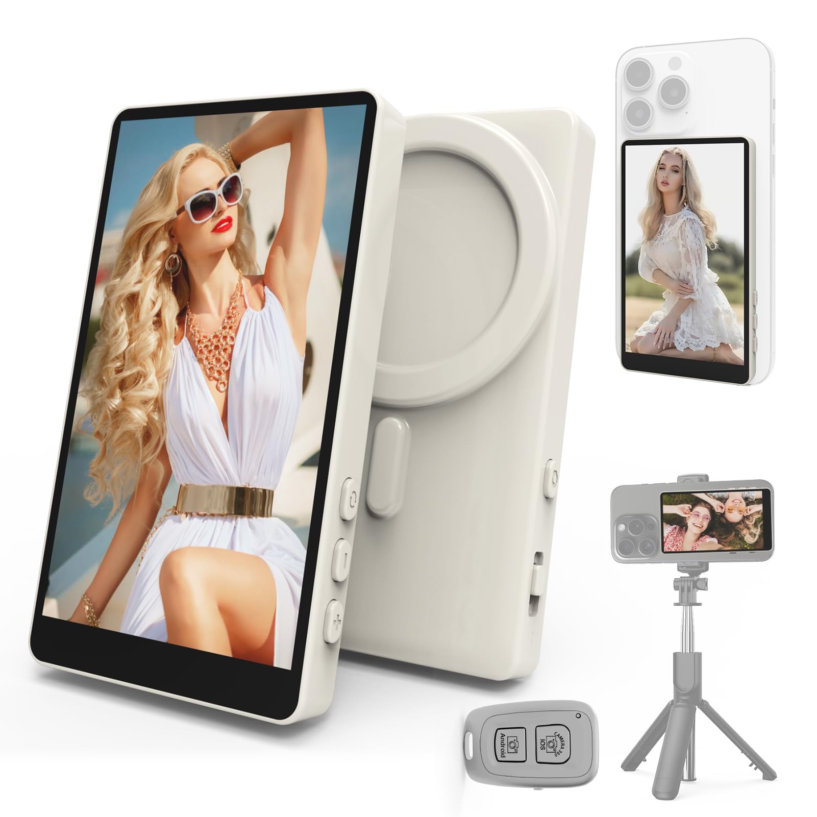 Photo 1 of Vamvo Selfie Monitor Screen, Vlog Magnetic with Remote Control, 1080P Wireless Screen Mirroring Video Recording for Android iOS, for Content Creator, Live Stream & TikTok (White)
