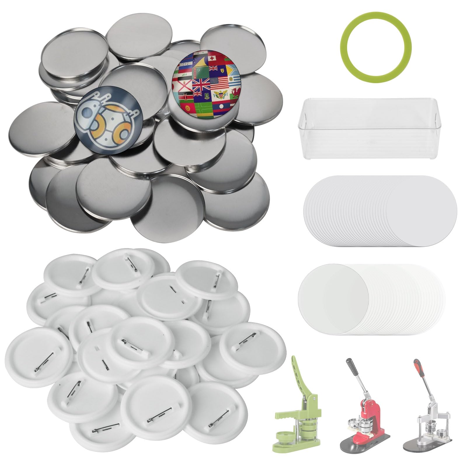 Photo 1 of 100 Sets 58mm/2.28 in Button Maker Supplies, Fesorsi Button Covers Galvanized Iron, Plastic Back Cover, Buttons Blank Paper, Plastic Clear Film, for DIY Badges, Name Tag, Clothes (with Storage Box)