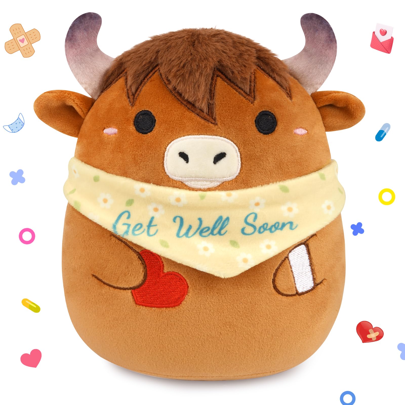 LSYDCARM Get Well Soon Highland Cow Stuffed Animal, 8 Inch Cow Plush Get Well Gifts for Kids Women, Kawaii Get Well Soon Stuffed Animal Cow Plushies for After Surgery Feel Better Gift