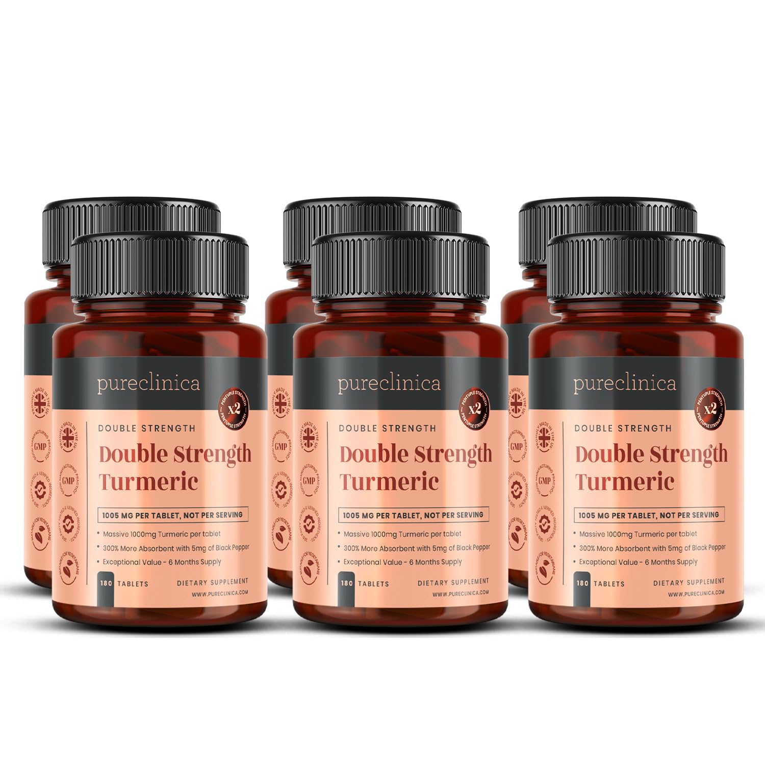 Double Strength Turmeric - 1000mg x 1080 Tablets (6 Bottles of 180)- Natural Levels of Curcumin - and 5mg Black Pepper Extract.