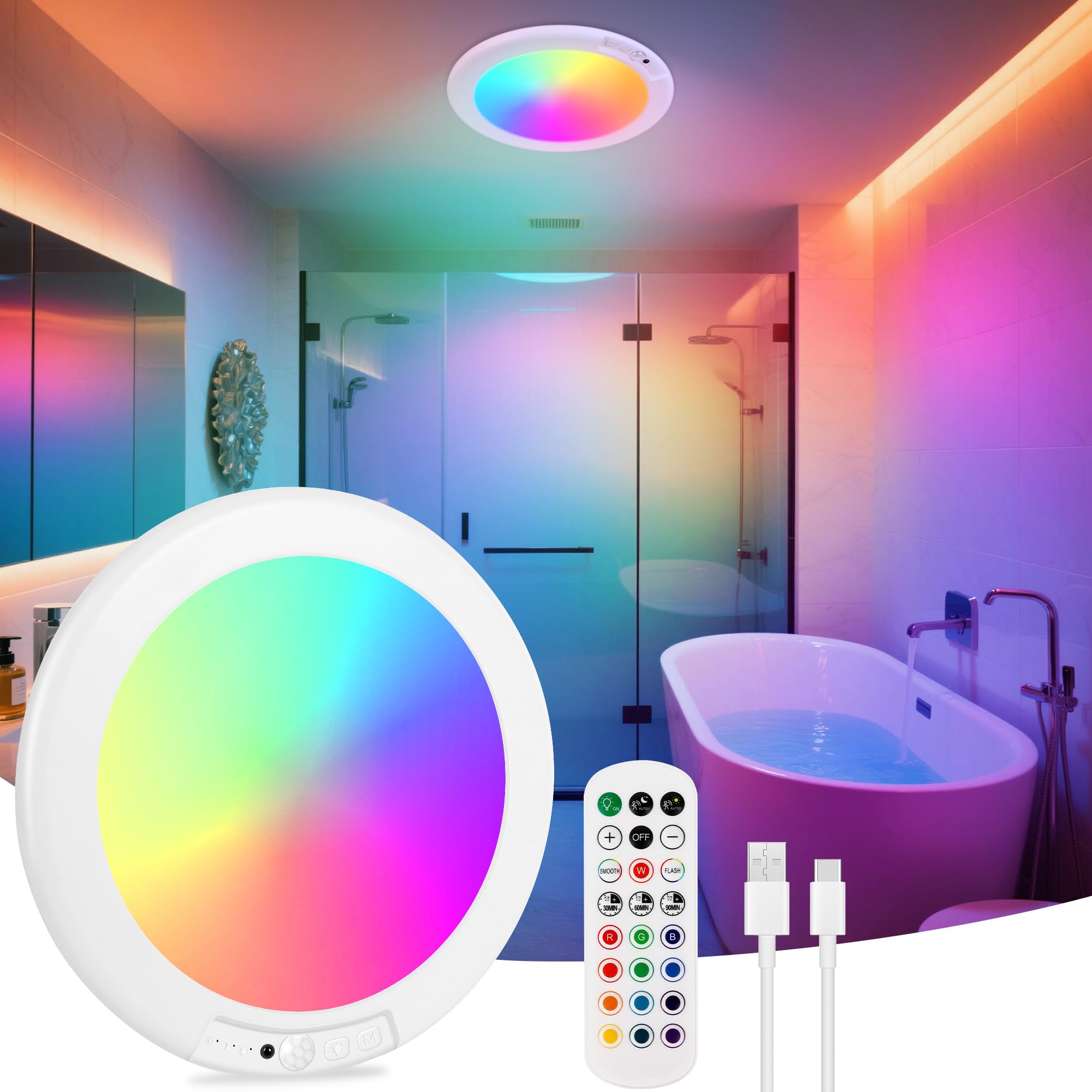 Photo 1 of Rodalims Shower Lights for Inside Shower - 1 Pack Rechargeable Ceiling Light with Remote, Color Changing & White Timing Light, Motion Sensor Battery Powered Shower Lamp for Bathroom Closet Patio