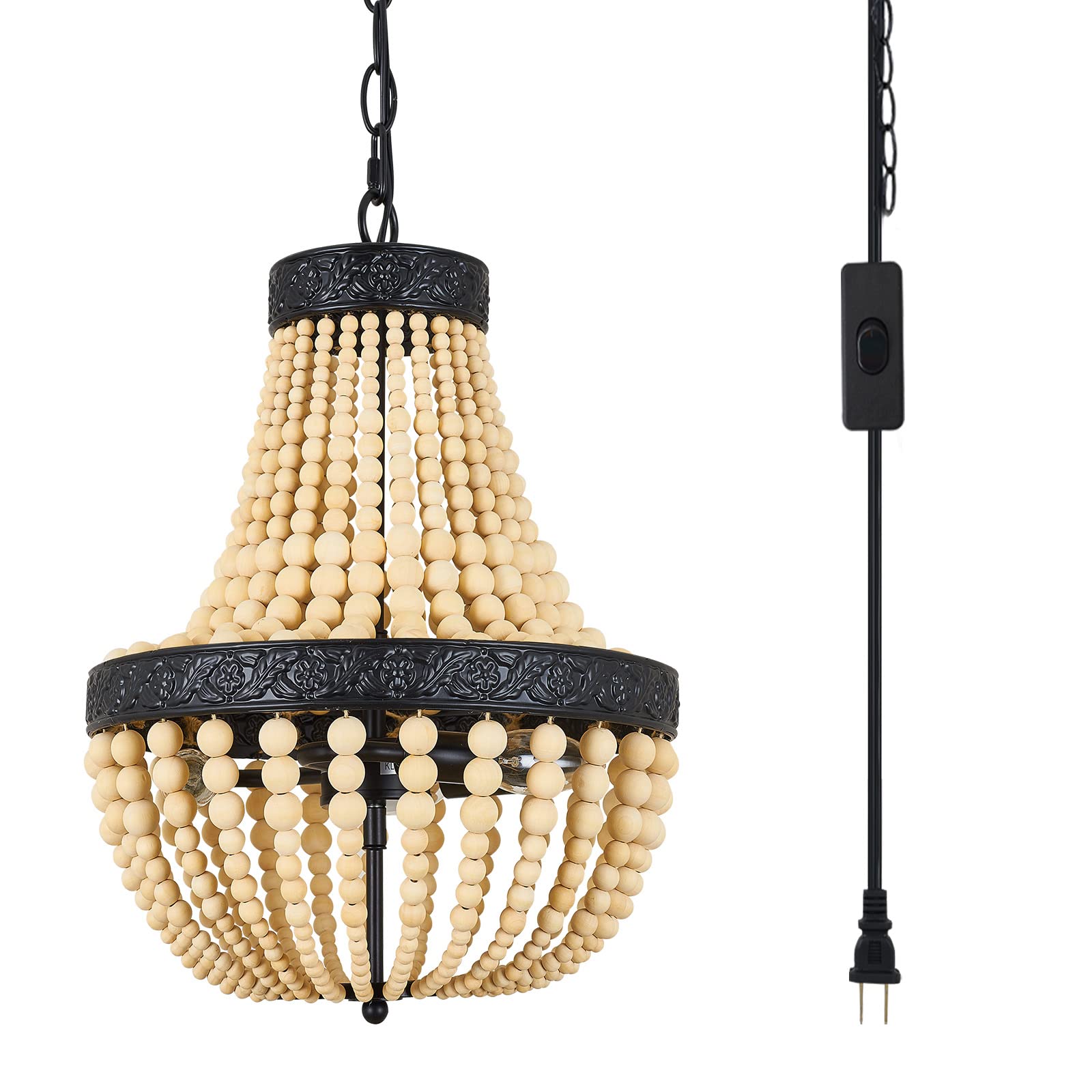KLOSM Boho Natural Wood Beaded Pendant Light with 16.4Ft Plug in Cord ... - Wooden Single Pendant Fixtures With Cord