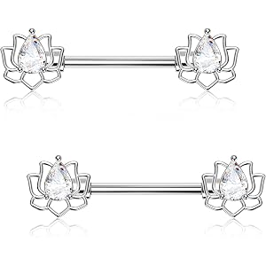 OUFER 14G Lotus Nipple Piercing Jewelry, Surgical Steel 14mm Barbell | Sparkling Teardrop Crystal Design, Exquisite Nipple Ri