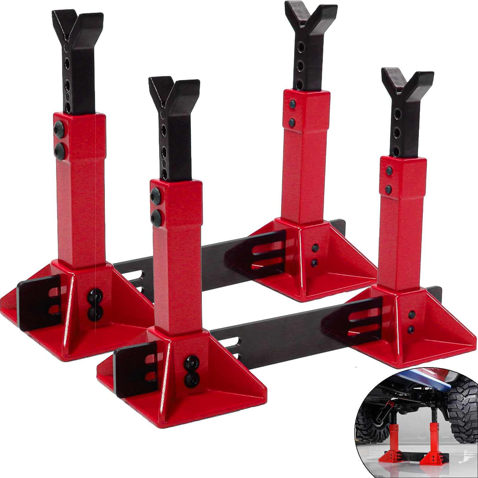 Photo 1 of RC Car Jack Stand for 1/8 1/10 Scale Climbing Crawler Car Jack Stand Accessory for Traxxas TRX4 Axial SCX10 RC4WD Tamiya CC01 D90 HPI HSP D110 TF2 Redcat Gen7 Gen8, 2 Pairs Metal Jack Stand(Red)