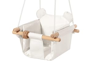Mlian Secure Canvas and Wooden Baby Hanging Swing Seat Chair Indoor and Outdoor Hammock Backyard Outside Swing Kids Toys Swings 6-36 Months with Ear Décor Cushion and Natural Wooden Ring, Beige