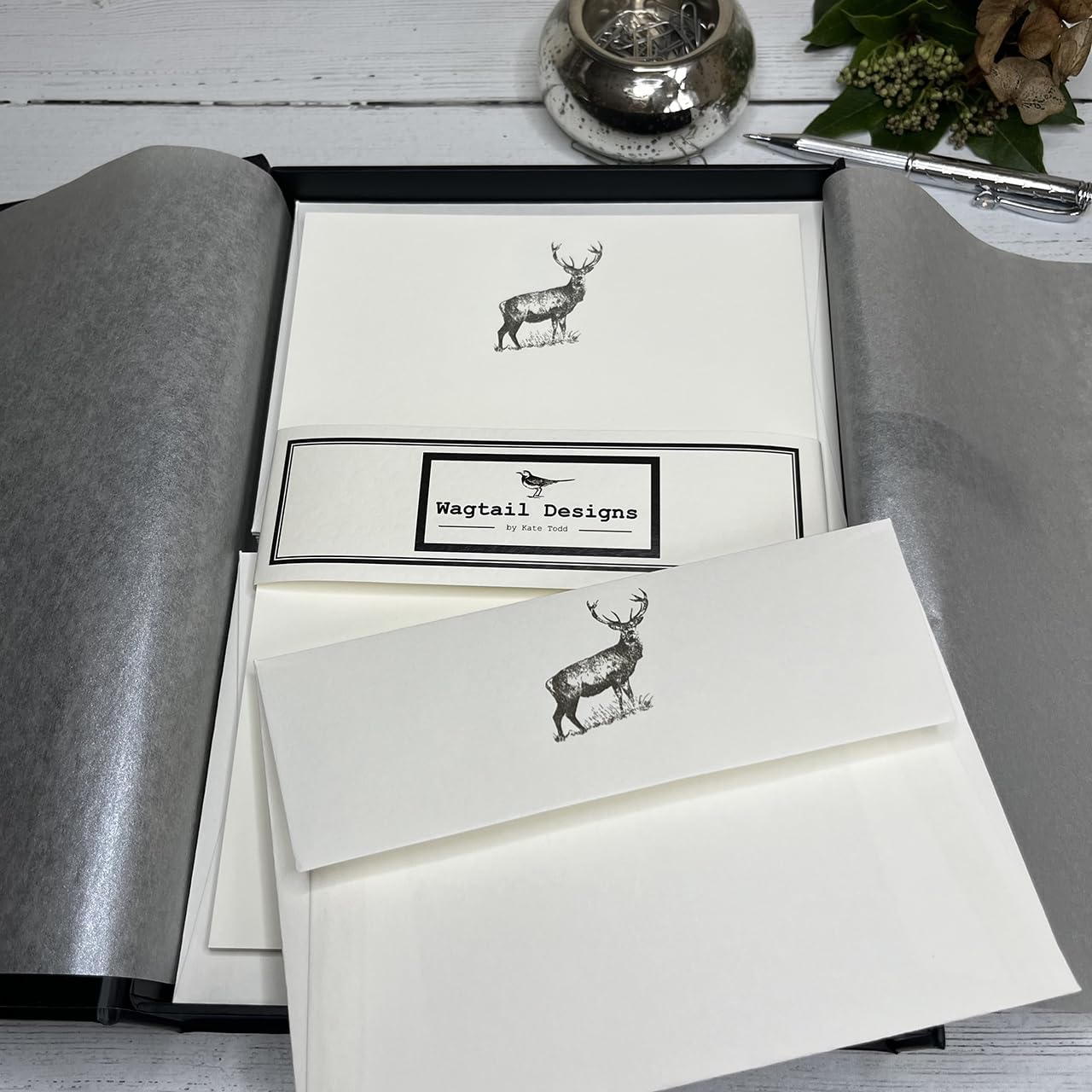 Wagtail Designs Writing Paper Gift Set with a Deer (Stag) Illustration in a Lovely Black Box with Ribbon (18)