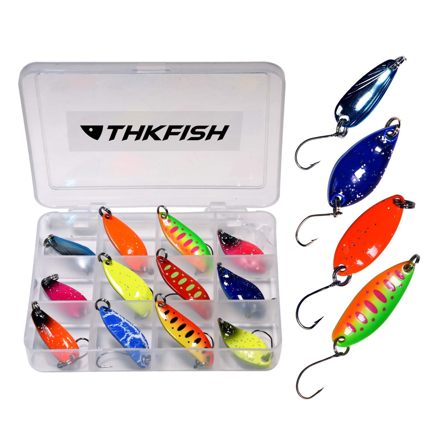 THKFISH 12Pcs/Box Trout Fishing Spoon Set Hard Baits Single Hooks Metal Fishing Lures for Char Perch