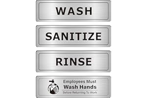 ELITESIGN 4 PK Wash Rinse Sanitize Sink Labels-Employees Must Wash Hands Sign Waterproof Sticker Signs for 3 Compartment Sinks, Restauran,t Commercial Kitchen, Food Trucks, Wash Station Brushed Aluminum