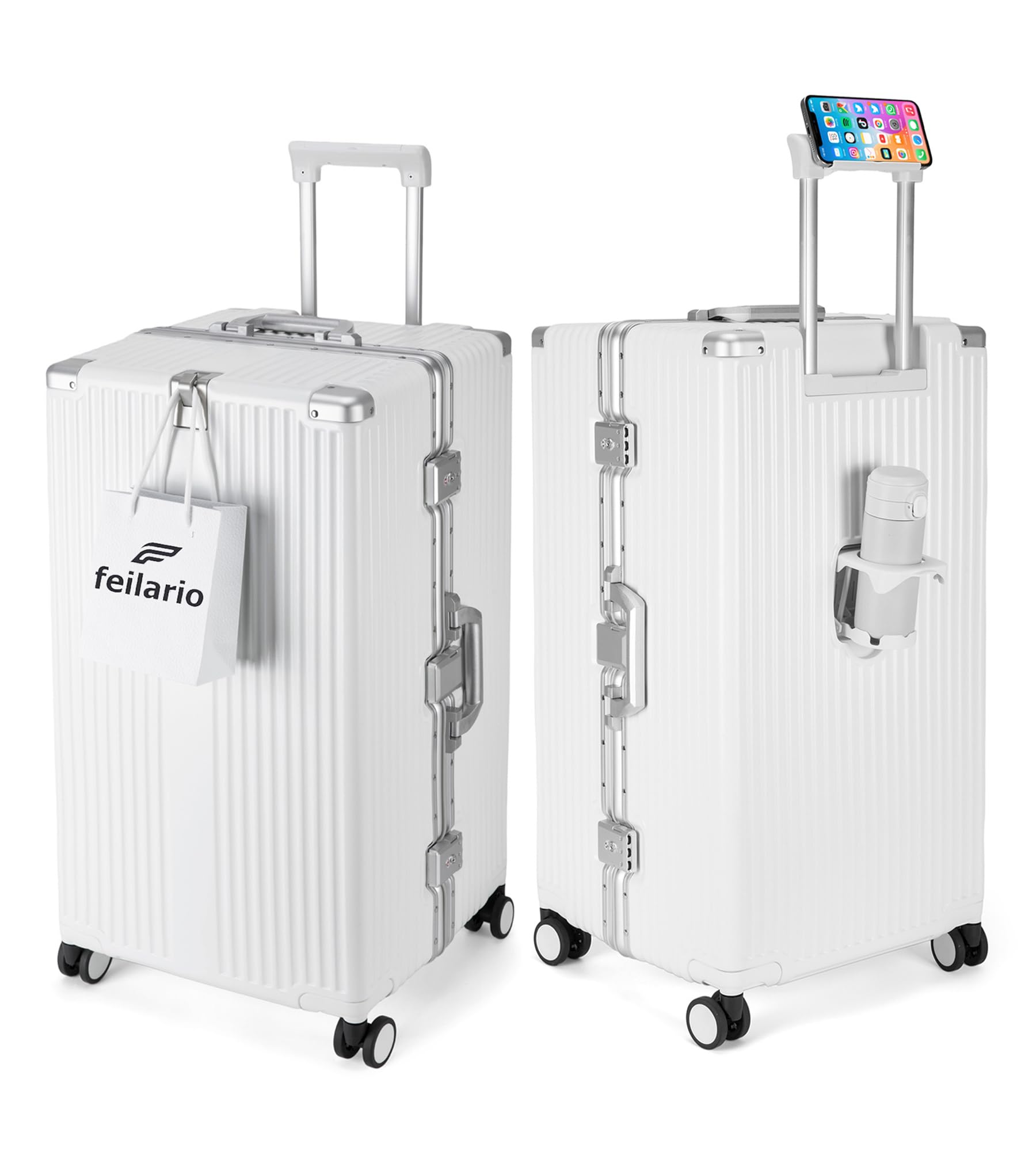 Photo 1 of **MAJOR DAMAGE TO TWO TIRES. SCUFFS AND SCRATCHES **feilario 30in Super Large Captain Aluminum Frame Hardside Spinner Wheels Luggage, Removable Wheels Zipperless Checked Suitcase with Cup Holder/Phone Holder