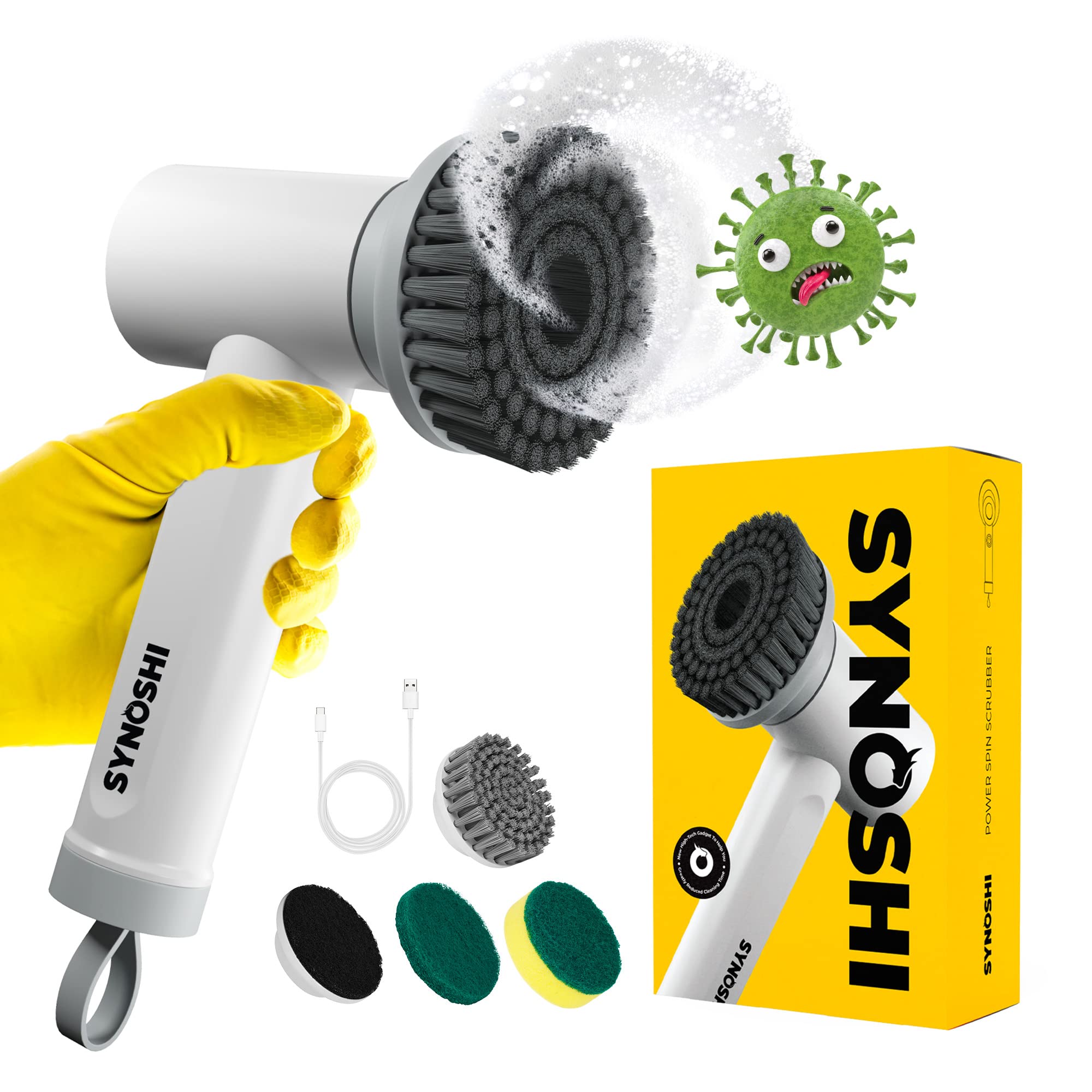 Synoshi Power Spin Scrubber Cordless, Electric Scrubber, Electric Cleaning Brush 3 Replaceable Heads, 2 Speeds, Perfect for Bathroom, Floor, Scrubbing Brush for Household