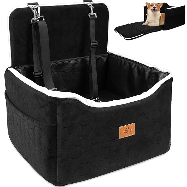 SZEE DOG CAR SEAT FOR SMALL/MEDIUM SIZED DOGS UP TO 35 LBS, DOG BOOSTER CAR SEAT WITH DETACHABLE PROTECTIVE LEATHER COVER, SAVE CLEANING EFFORT, RECLINABLE BACKREST (BLACK)