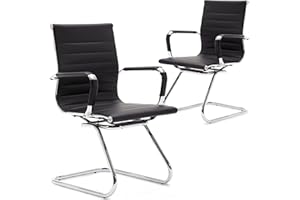 Wahson Office Guest Chairs Set of 2, Leather Reception Chairs, Mid Back Waiting Room Chair, Conference Chairs with Sled Base, Desk Chair No Wheels for Meeting/Lobby/Restroom, Black